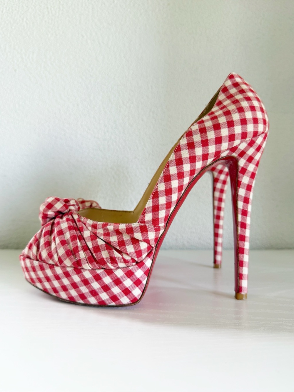 Christian Louboutin Greissimo Red White Gingham Platform Pumps Size EU 39.5